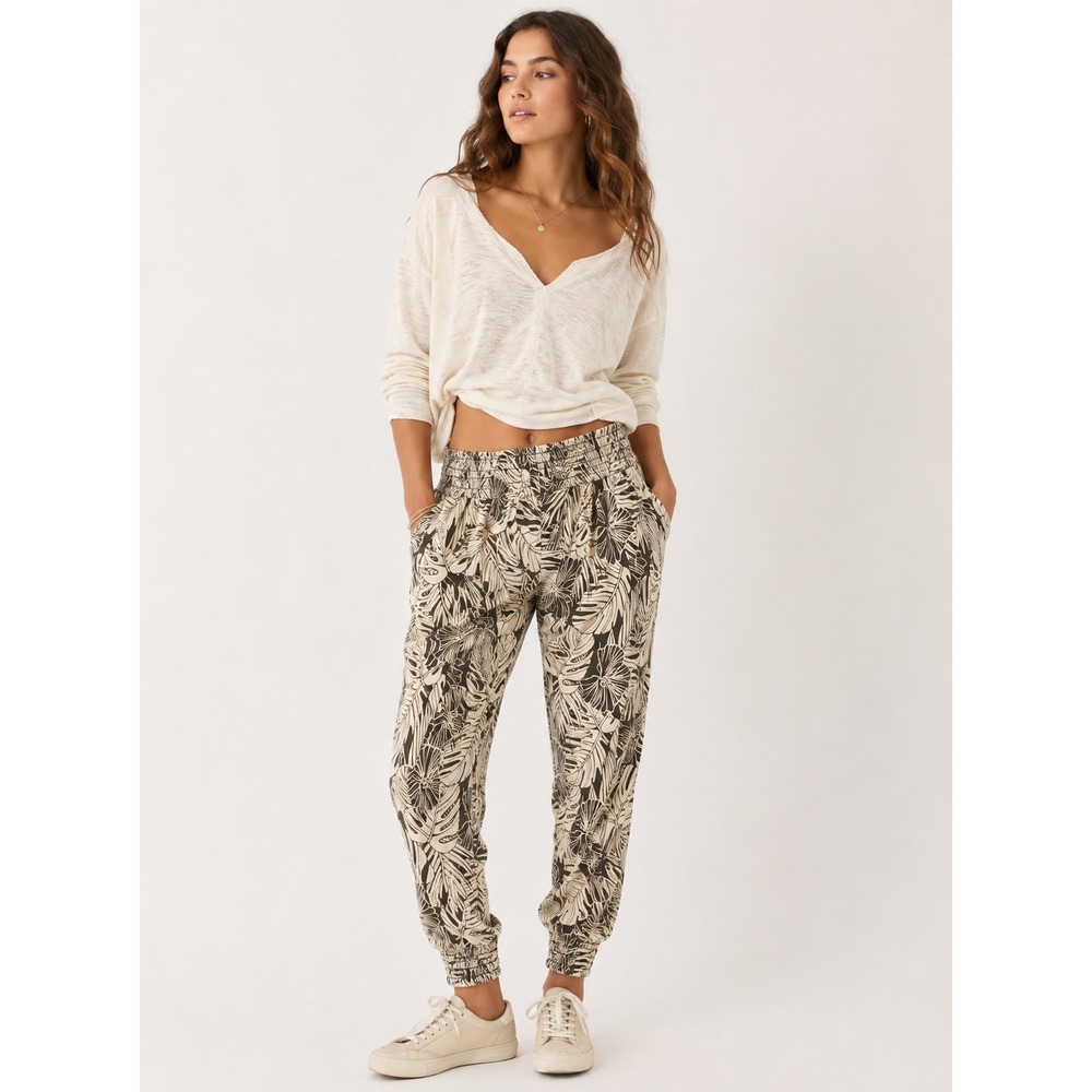 PACT Organic Jogger Pants Women XS Green Floral Elastic Waist Cotton SMALL FLAW